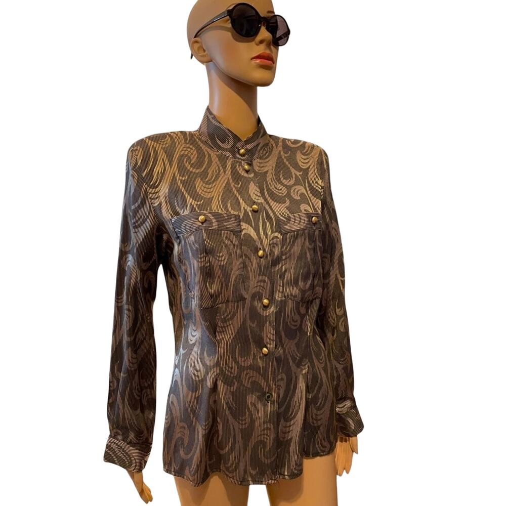 Vintage 80s 90s Liz Claiborne Blouse Womens 6 Black Gold Button Up Long Sleeve